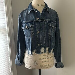 Peach Love Denim Crop Jacket Distressed Dark Wash